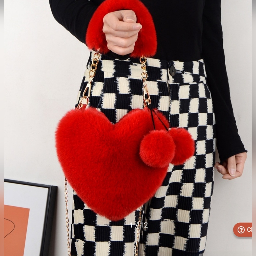 Heart-Shaped Faux Fur Bag W/Chain Straps NWT
